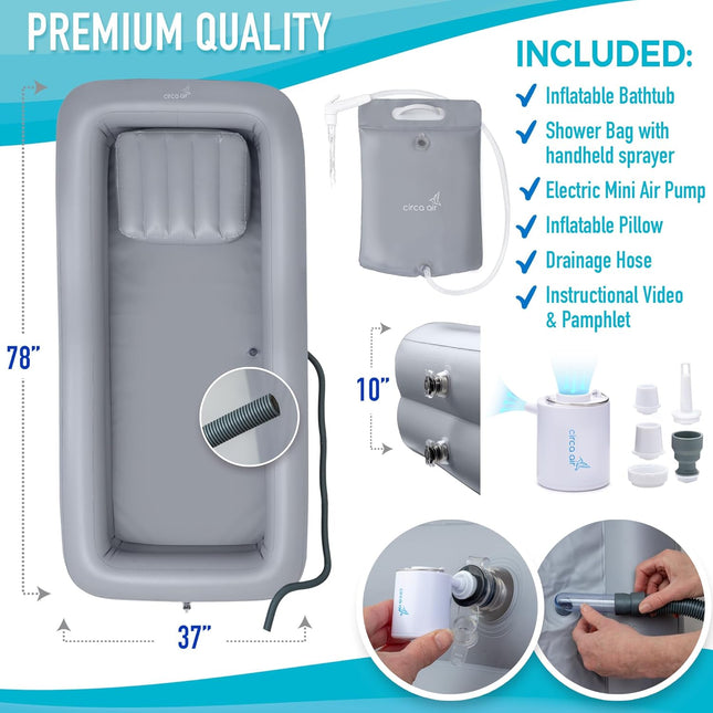 Blow-Up Portable Bath Tub for Adults with Pump & Bedside Shower Bag