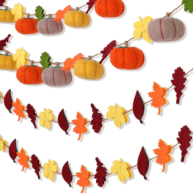Felt Pumpkin Garland 2PCS – Fall Maple Leaves Decoration for Halloween & Thanksgiving