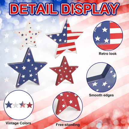 4 Pcs 4th of July Wooden Star Decor Patriotic Red White Blue Table Set