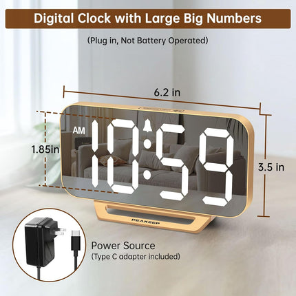 Slim Digital Mirror Alarm Clock – LED Display, Battery Backup, Gold, for Bedroom