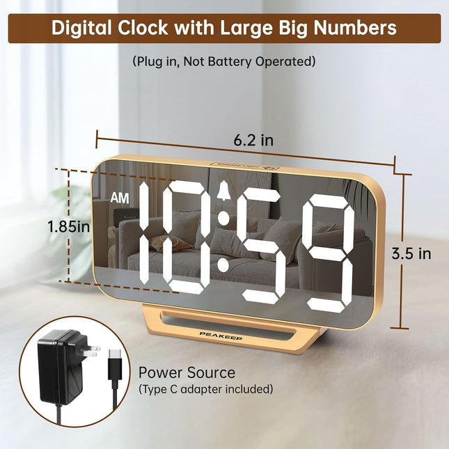 Slim Digital Mirror Alarm Clock – LED Display, Battery Backup, Gold, for Bedroom