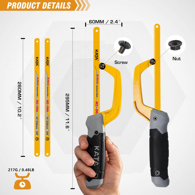 Mini Hacksaw Tool – 10 Inch Aluminum Frame, 2 Bi-Metal Blades for Cutting Metal & PVC