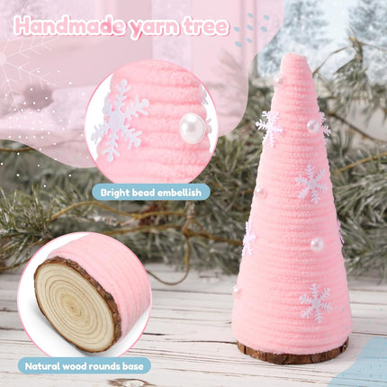 3PCS Pink & White Mini Yarn Christmas Trees, Farmhouse Table & Tiered Tray Decor