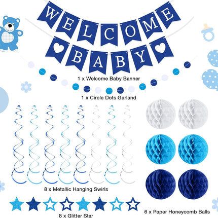 25Pcs Blue Baby Shower Decorations Set with Banner Swirls Honeycomb Balls