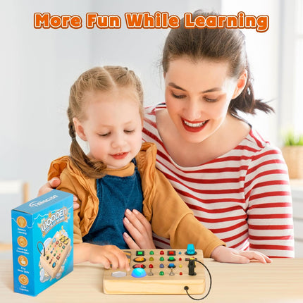 Montessori Busy Board – Wooden Sensory Toy with Switches & LED Lights