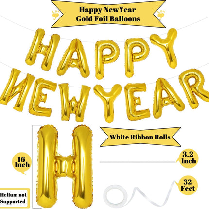 16-Pc Gold Happy New Year Balloons – 2024 NYE Backdrop & Party Decor