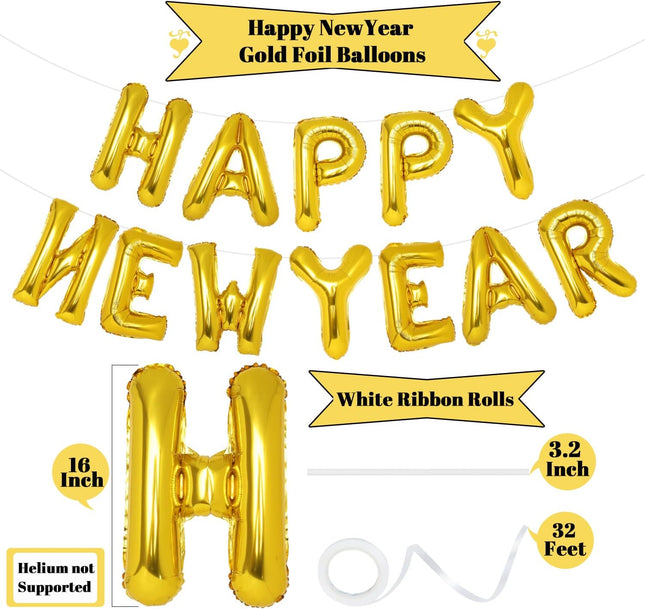 16-Pc Gold Happy New Year Balloons – 2024 NYE Backdrop & Party Decor