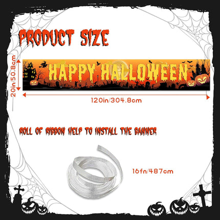 Happy Halloween Yard Banner 120x20in, Black Orange Welcome Flag for Porch & Garden