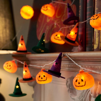 9.8FT Halloween String Lights, 20 LED Pumpkin Witch Hat Lights, Orange Purple Green