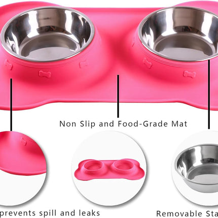 Pet Dog Bowls Set – 2 Stainless Steel Bowls with No-Spill Mat & Food Scoop (Pink)