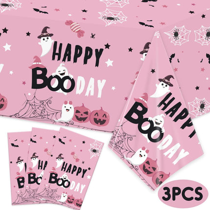 Pink Halloween Birthday Tablecloth, Happy BooDay Pumpkin Ghost Party Table Cover