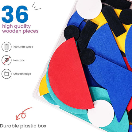 Open-Ended Wooden Shape Puzzles, 36 Blocks & 60 Cards for Toddlers 3+