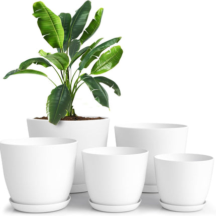 5 Pack Indoor Plant Pots with Drainage, Multi-Size White Plastic Planters Set