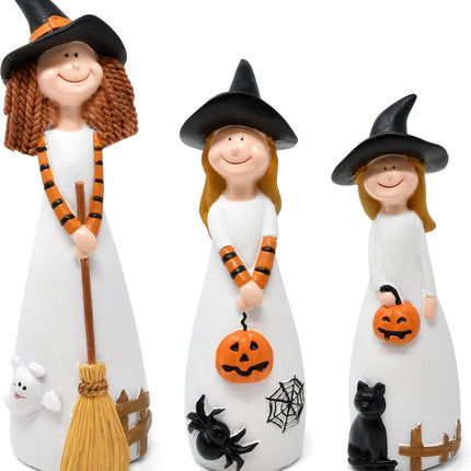 3-Piece Halloween Witch Figurines, Resin Tabletop Decor, Shelf Sitter Centerpieces