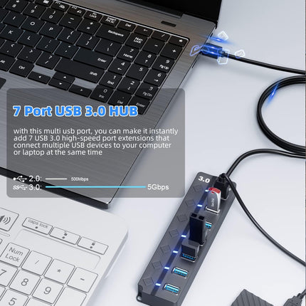 7 Port USB 3.0 Hub with 3FT Cable LED Switches for Laptop PC PS4 PS5