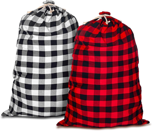 New Upgraded Large Fabric Drawstring Gift Bags – 47x28 Inch, 2 Pcs Buffalo Plaid Big Gift Bags