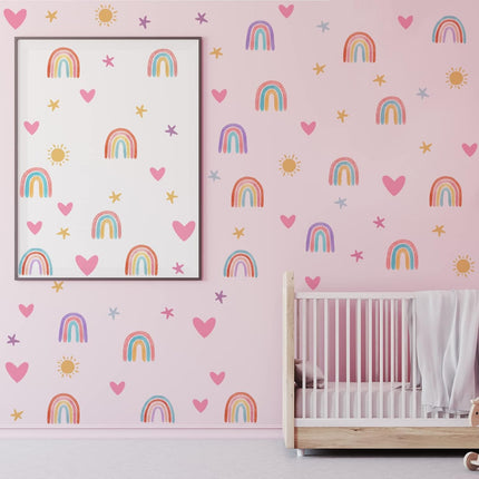 Rainbow Wall Stickers – Watercolor Hearts, Stars & Sun, Classic Colors