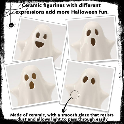 4-Piece Ceramic Ghost Lights, LED Halloween Figurines with Timer for Tabletop Decor