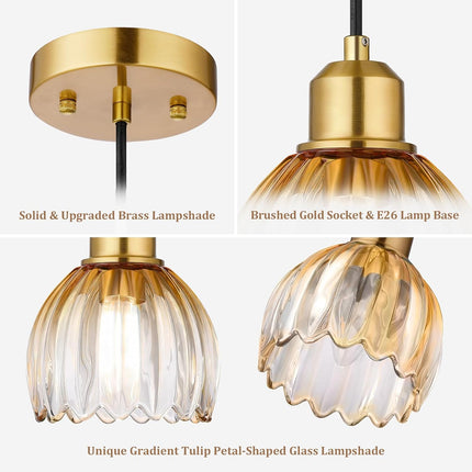 Amber Glass Pendant Light Vintage Tulip Shade Adjustable Farmhouse Hanging Fixture