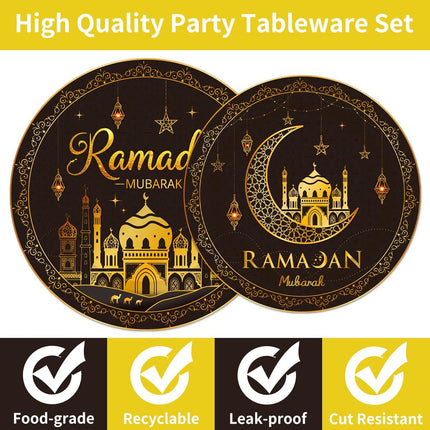 96Pcs Ramadan Party Tableware Set – Eid Mubarak Plates, Napkins, Forks, Serves 24