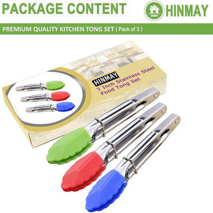 7 Inch Mini Silicone Tip Serving Tongs Set of 3 Green Red Blue Kitchen