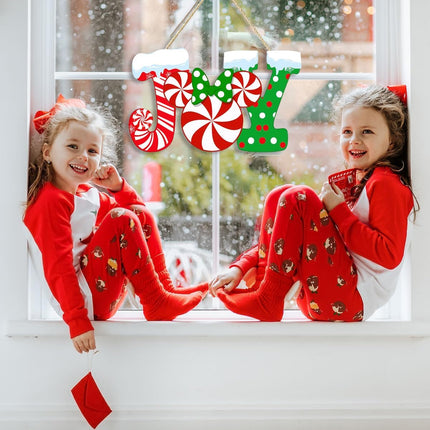 Christmas Joy Door Sign – Wood Candy Mouse Wreath for Front Door Decor