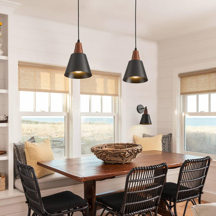 2 Pack Black and Wood Pendant Lights E26 Industrial Dome Hanging Ceiling Fixtures