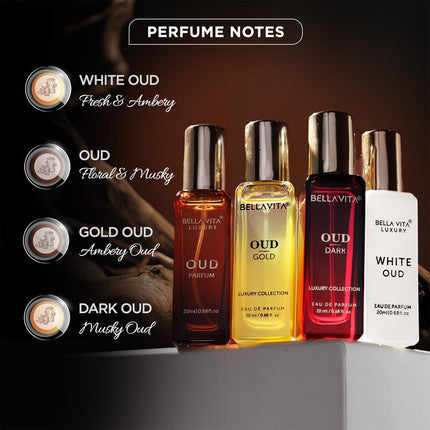BellaVita Luxury Mini Oud Perfume Set Unisex 4 x 20ml Eau de Parfum Gift Collection