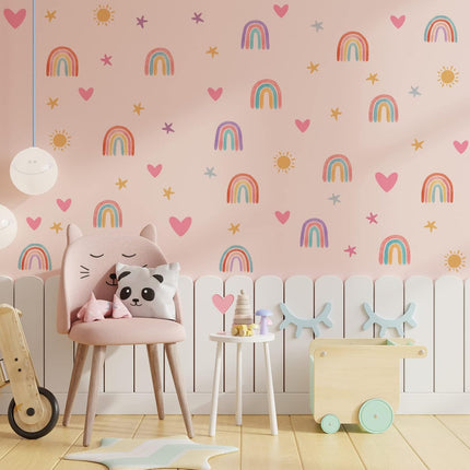 Rainbow Wall Stickers – Watercolor Hearts, Stars & Sun, Classic Colors