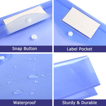 6 Pack Clear Document Folders A4 Letter Size Poly Envelopes with Snap Button