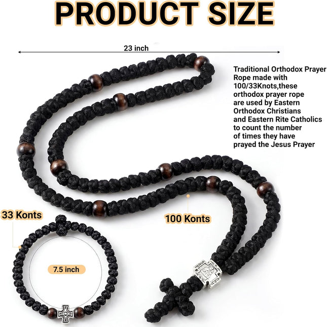 2 Pcs Handmade Orthodox Prayer Rope – 100 & 33 Knots with Cross Charm, Silver