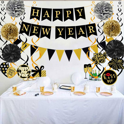 Happy New Year 2026 Hanging Bunting – Flags, Pom Poms & Swirl Garland