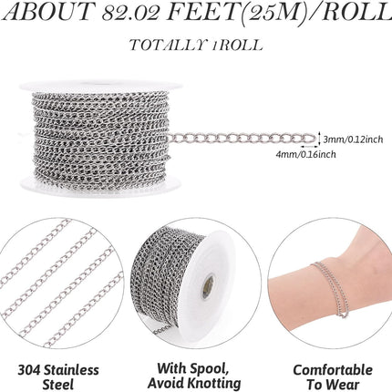 82 Feet 25M Stainless Steel Curb Chain 304 4x3x0.6mm Jewelry Making Plated