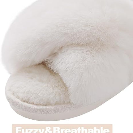 Women's Memory Foam Fuzzy House Slippers Faux Fur Cross Band Open Toe Indoor Shoes