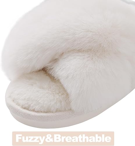 Women's Memory Foam Fuzzy House Slippers Faux Fur Cross Band Open Toe Indoor Shoes