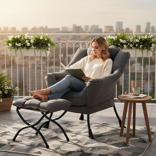 Dark Grey Lazy Chair with Ottoman, Padded Lounge Accent Chair with Side Pocket