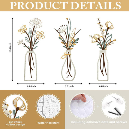 3Pcs Metal Flower Wall Art, Rustic Farmhouse Minimalist Decor, Beige Vase Set