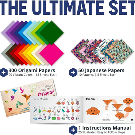 350 Pcs Origami Paper Set 20 Colors 50 Japanese Patterns with Easy Project Book