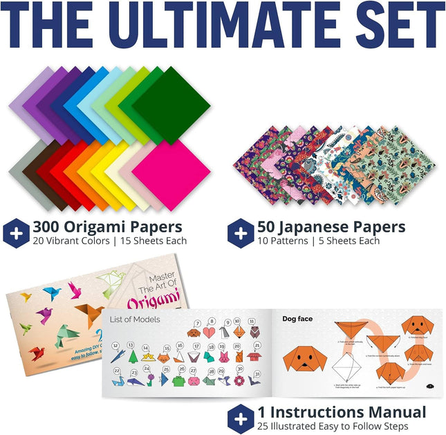 350 Pcs Origami Paper Set 20 Colors 50 Japanese Patterns with Easy Project Book