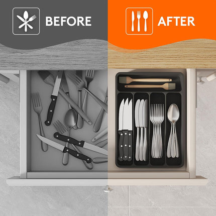 Silverware Drawer Organizer, 5 Slot Plastic Cutlery Tray for Kitchen, Black