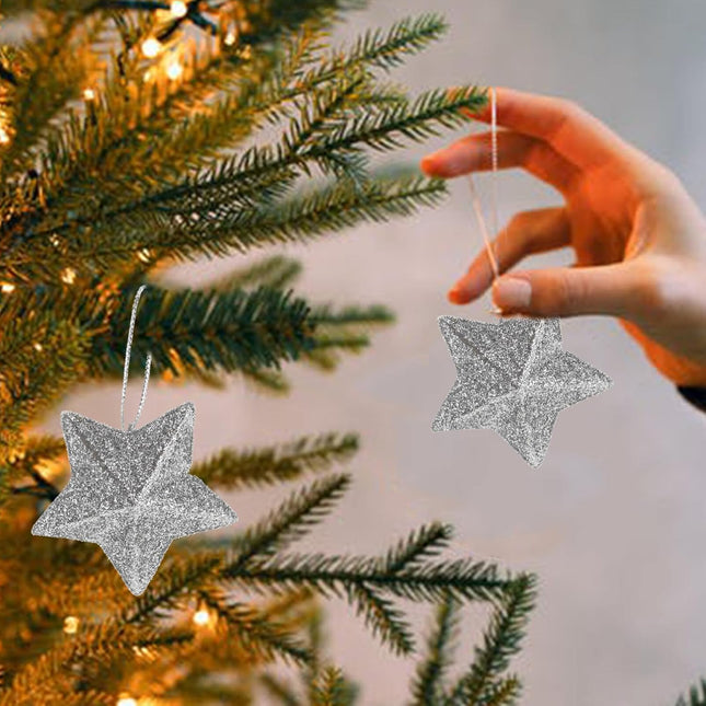 24PCS Glitter Star Ornaments – Gold 3D Xmas Tree Decorations & Pendants