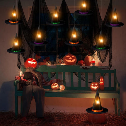 12PCS Lighted Hanging Witch Hats with 28 3D Bats & Creepy Cloth, Halloween Decor