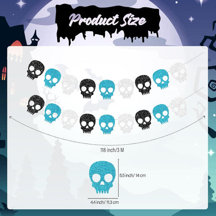 2-Piece Glitter Skull Garland, Black Silver Blue Halloween Gothic Party Banner Decor
