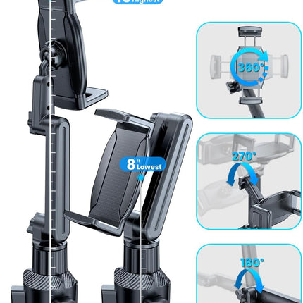 Tablet Holder for Car – iPad Cup Holder Mount, Adjustable 15" Height, 6"-12.9" Devices