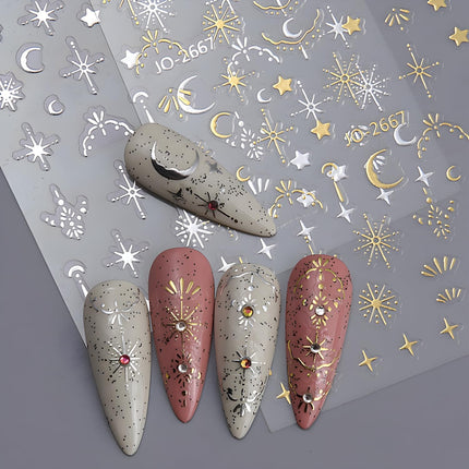 12-Sheet Silver Gold Moon Star Nail Art Stickers, 3D Self-Adhesive Decals