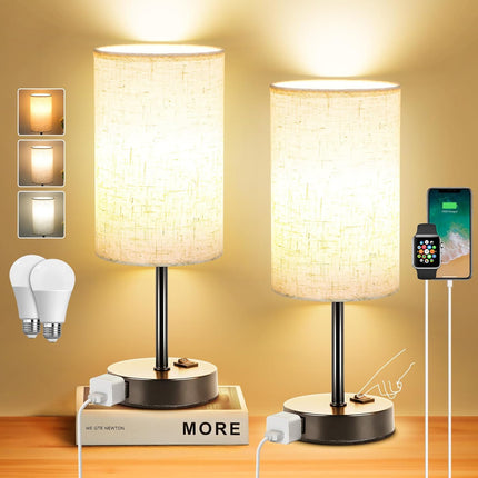 Set of 2 Bedroom Table Lamps 3-Way Dimmable Rocker Switch AC Outlet E26 Bulb