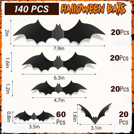 140-Piece 3D Halloween Bat Stickers, PVC Wall Decals for Indoor Outdoor Decor