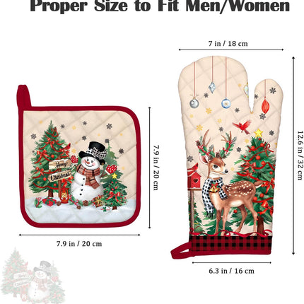 2Pcs Christmas Oven Mitts and Pot Holders, Heat Resistant Cotton with Deer & Snowman Design