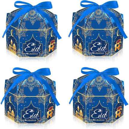12PCS Eid Mubarak Boxes Blue Candy Treat Boxes with Ribbon for Ramadan