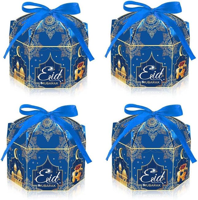 12PCS Eid Mubarak Boxes Blue Candy Treat Boxes with Ribbon for Ramadan